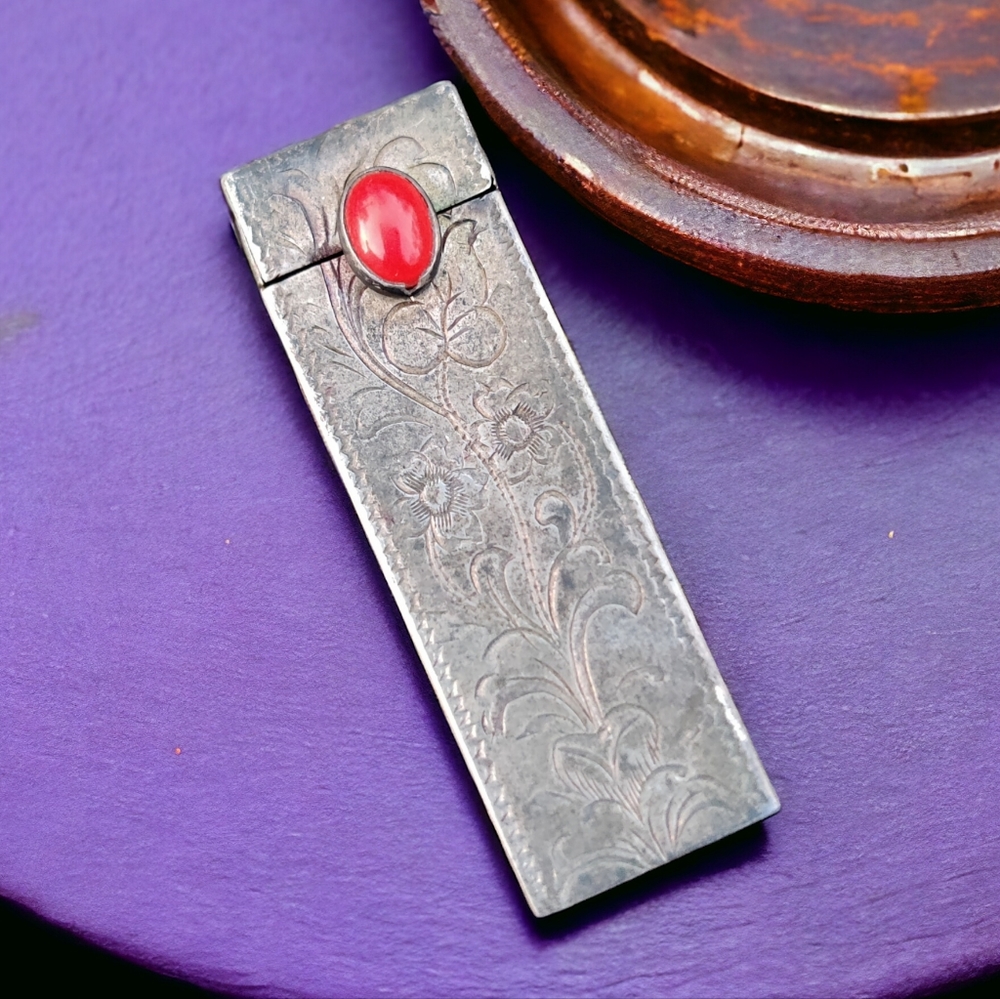 RARE Antique sterling etched lipstick case with  red stone